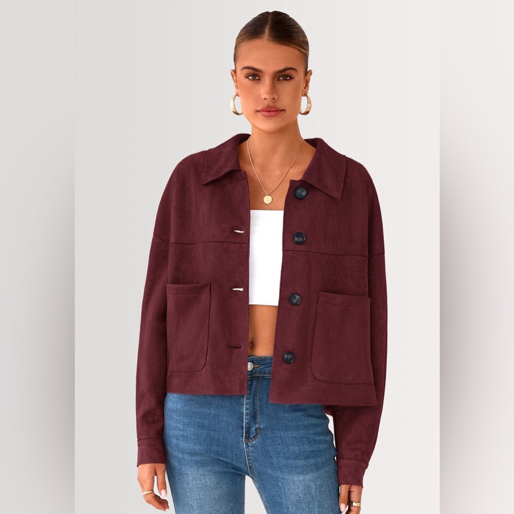 PRETTYGARDEN Faux Suede Cropped Jacket Burgundy Size L Like‎ New